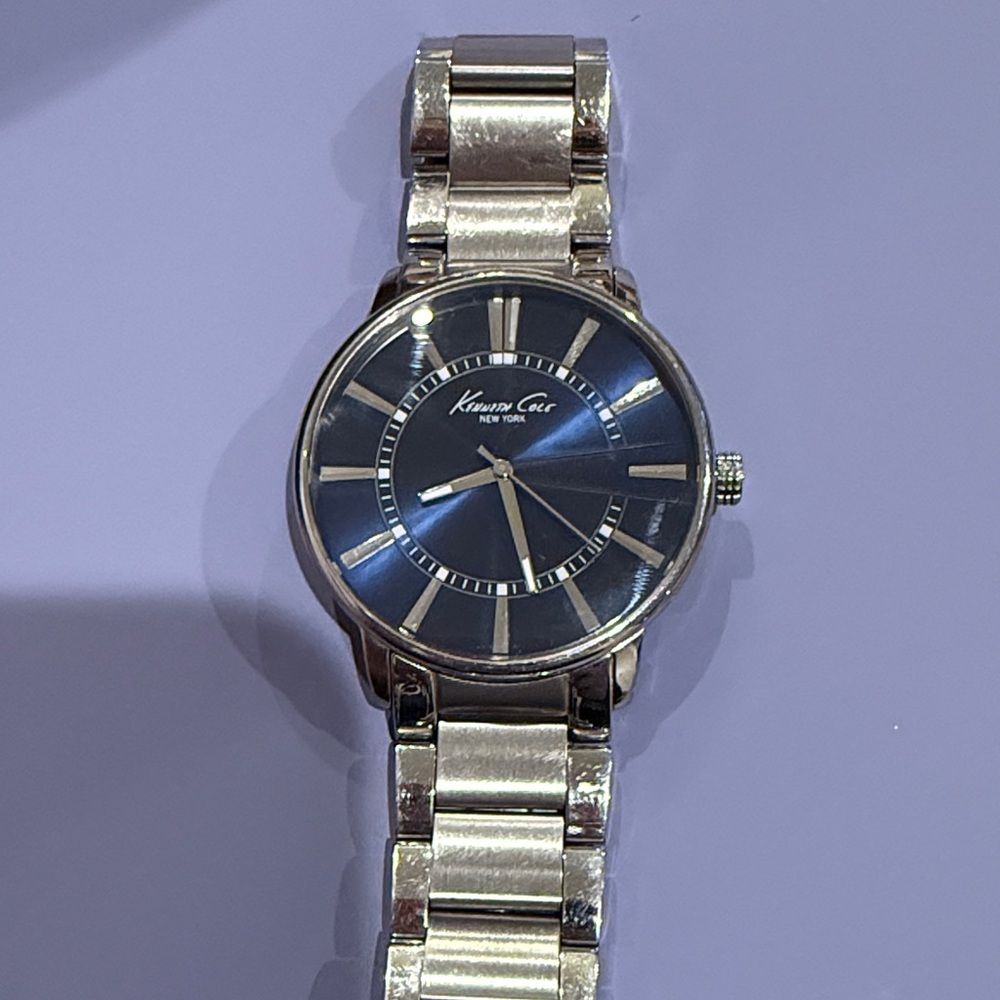 Kenneth Cole Metallic Silver Watch with Deep Blue Dial